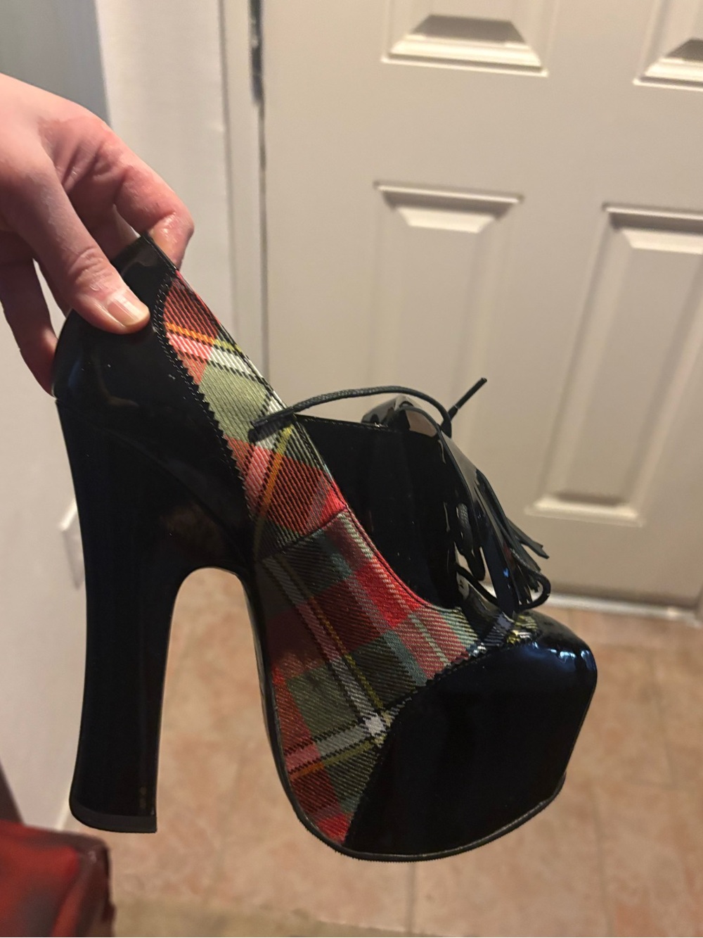 Vivienne Westwood Black Patent Platform Heels with Multicolor Tartan Wool - Picture 11 of 14